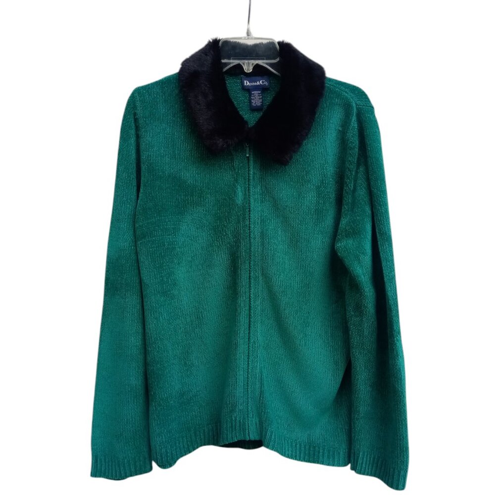 Denim & Co green zippered sweater sz M